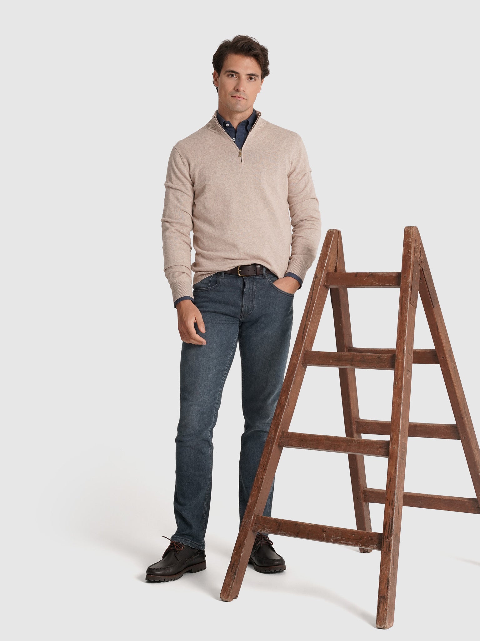 Pullover Caxemira Bege Manga Comprida Regular Fit Mr. Blue