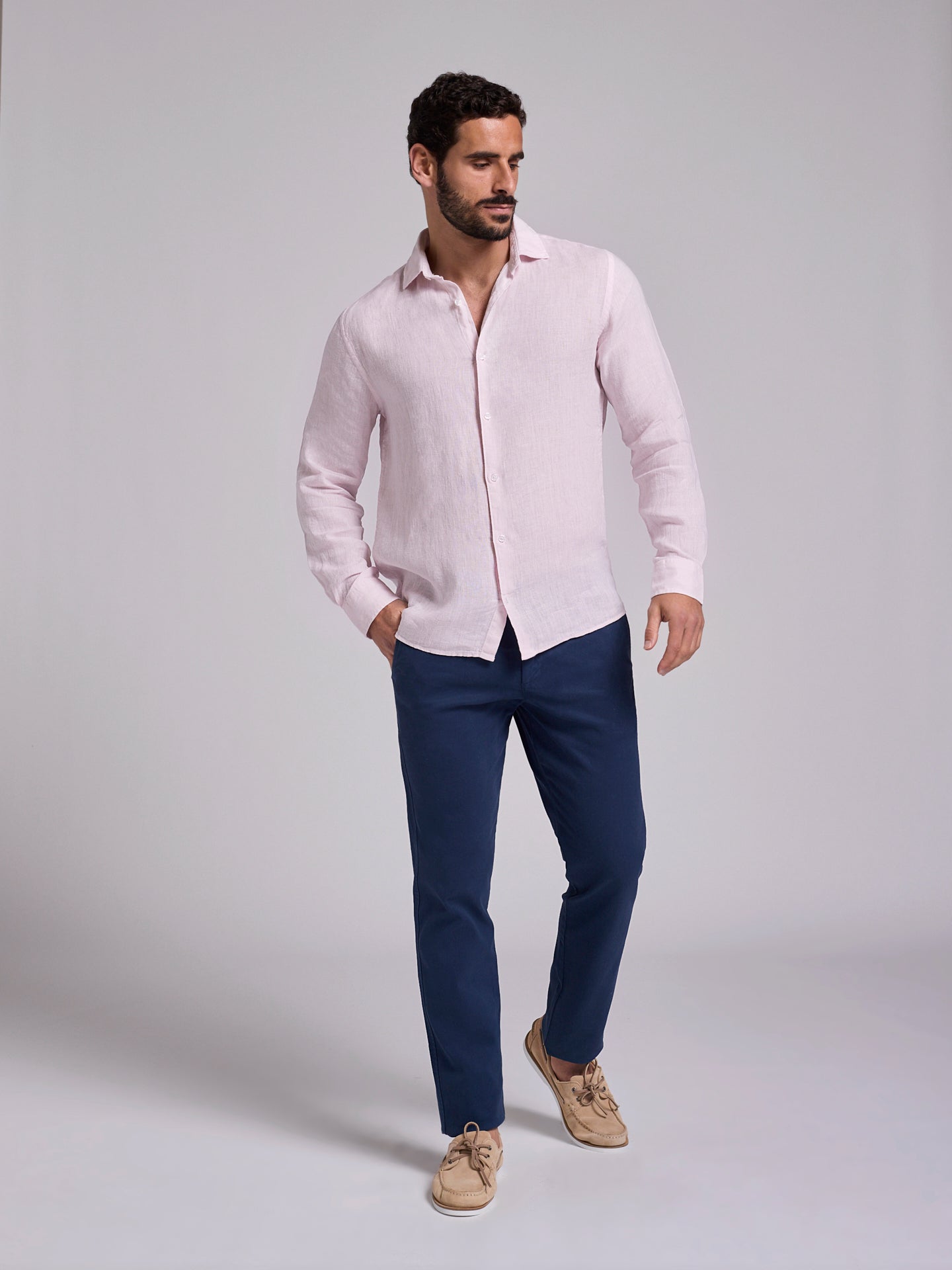 Camisa Linho Rosa Manga Comprida Tailored Fit Mr. Blue