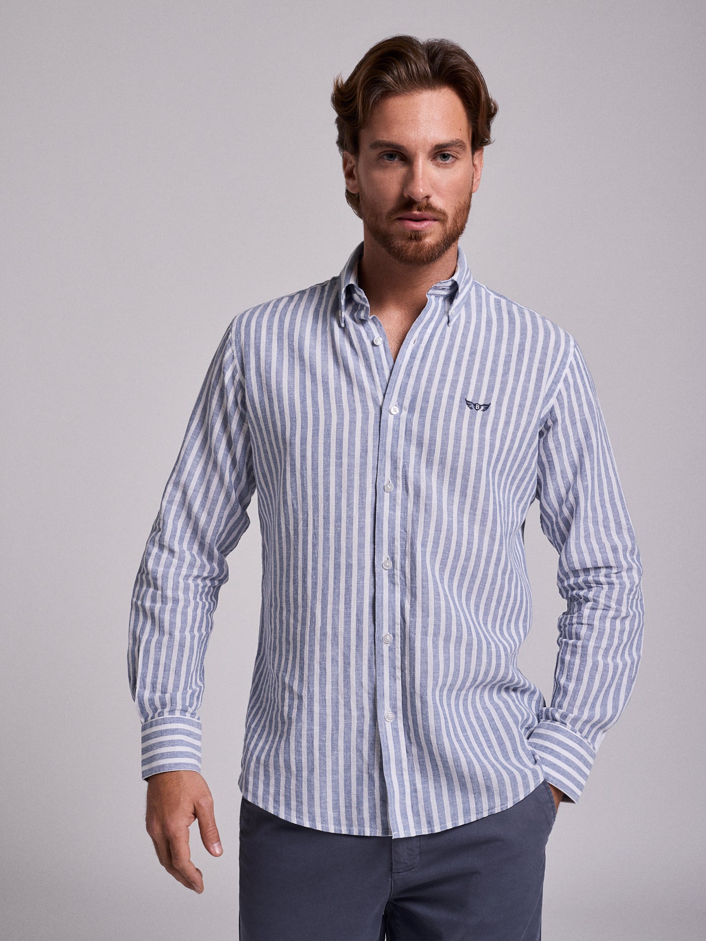 Camisa Linho Azul Manga Comprida Regular Fit Mr. Blue