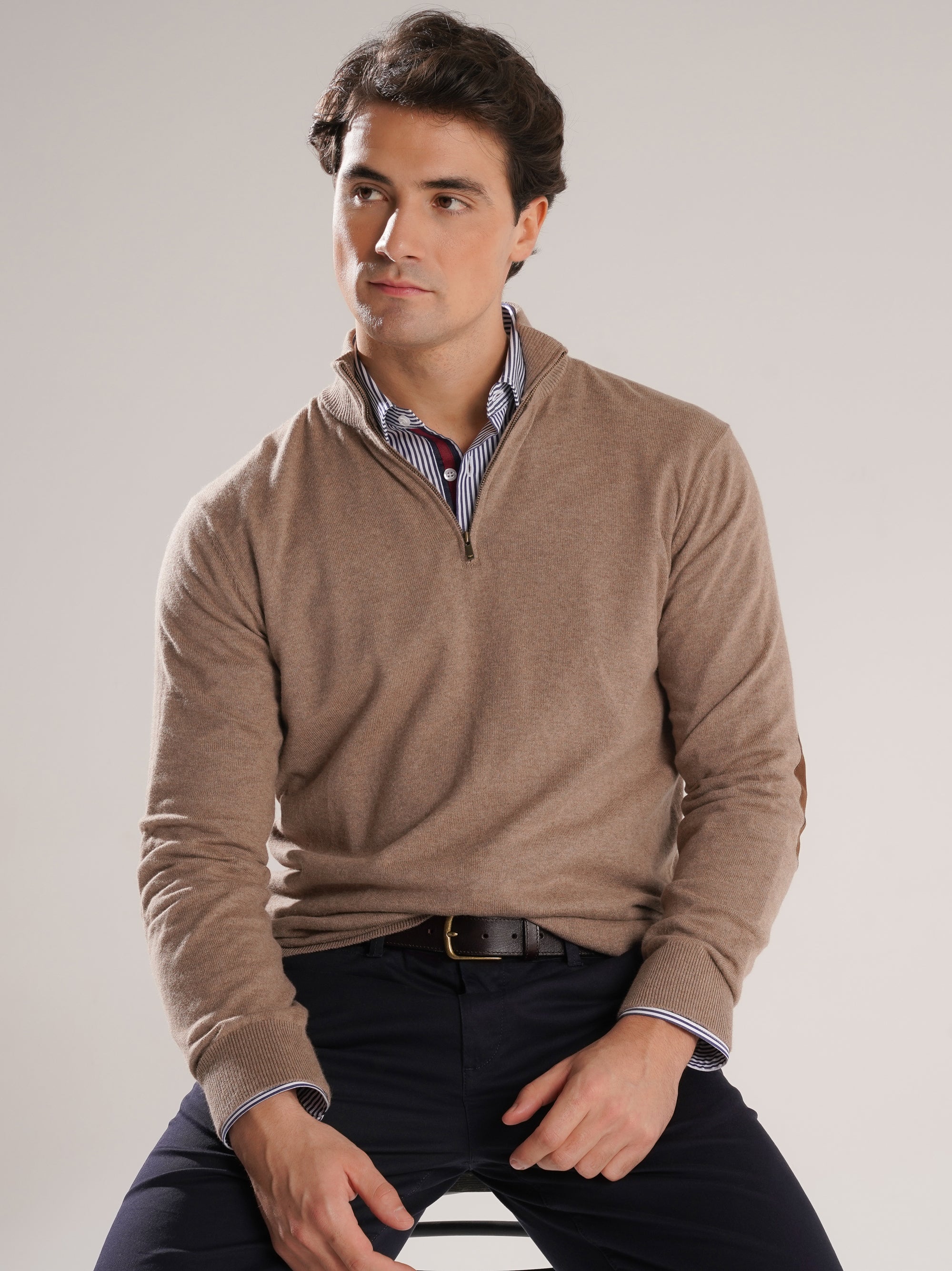 BEIGE PULLOVER WITH REGULAR FIT MR ELBOW PADS. BLUE